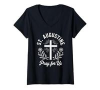 Femme Saint Augustin Pray for Us Catholic Saint Floral T-Shirt avec Col en V