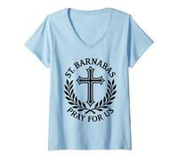 Femme Saint Barnabas Pray for Us Croix catholique Laurel T-Shirt avec Col en V