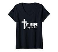 Femme Saint Bède Pray for Us Croix de Saint catholique T-Shirt avec Col en V