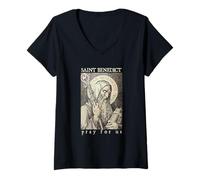 Femme Saint Benoît de Nursie Priez pour Nous Dévotion Catholique T-Shirt avec Col en V