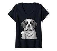 Femme Saint Bernard Doigt Majeur Sarcastique Amoureux des Chiens T-Shirt avec Col en V
