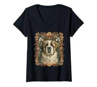Femme Saint Bernard Floral Vintage Swiss Alpine T-Shirt avec Col en V