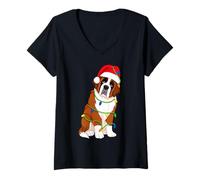Femme Saint Bernard Guirlande Lumineuse pour Sapin de Noël Amoureux des Chiens T-Shirt avec Col en V