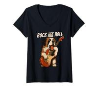 Femme Saint Bernard Jouant de la Guitare Rock and Roll Amoureux des Chiens T-Shirt avec Col en V