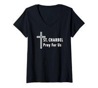 Femme Saint Charbel Pray for Us Catholic Saint Healing Miracles T-Shirt avec Col en V