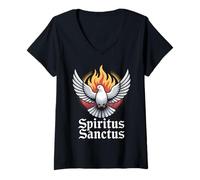 Femme Saint Esprit Colombe Latine Messe Église catholique T-Shirt avec Col en V