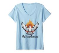 Femme Saint Esprit et Pentecôte Colombe Catholique Messe Latine T-Shirt avec Col en V