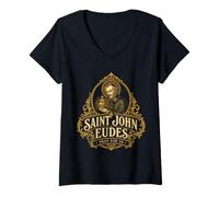 Femme Saint Jean Eudes Sacré-Cœur de Jésus Saint Catholique Français T-Shirt avec Col en V