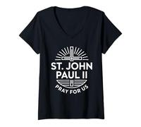 Femme Saint Jean-Paul II Pray for Us Croix chrétienne catholique T-Shirt avec Col en V