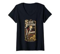 Femme Saint Jérôme et Le Lion Confirmation St Catholic Books T-Shirt avec Col en V