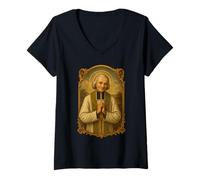 Femme Saint John Vianney Catholique Traditionnel Saint Cure de Ars T-Shirt avec Col en V