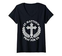 Femme Saint Matthieu Prie pour Nous Saint chrétien catholique T-Shirt avec Col en V