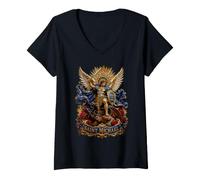 Femme Saint Michael Quis Ut Deus Archange Épée et Roses Art T-Shirt avec Col en V
