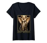 Femme Saint Michel Archange Portrait Armure Angélique Art T-Shirt avec Col en V