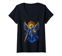 Femme Saint Michel Bleu Ange Céleste Épée Bouclier Art Sacré T-Shirt avec Col en V
