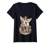 Femme Saint Michel Chapelet Statue d'ange Icône Art T-Shirt avec Col en V