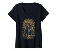 Femme Saint Michel Labyrinthe Ange avec épée et icône Florale T-Shirt avec Col en V