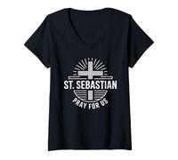 Femme Saint Sébastien Priez pour Nous Croix catholique T-Shirt avec Col en V