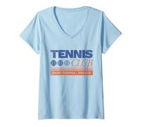 Femme Saint Tropez France Retro Vintage Tennis Club T-Shirt avec Col en V