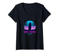 Femme Saint Tropez France Surfer 70s 80s 90s Années - Rétro T-Shirt avec Col en V
