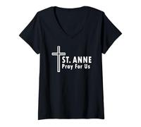 Femme Sainte Anne Pray for Us Cross Catholic Church T-Shirt avec Col en V