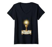 Femme Sainte Communion Consécration Latine Messe Catholique T-Shirt avec Col en V
