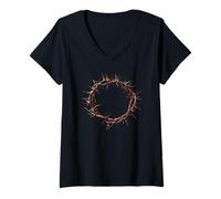 Femme Sainte Couronne Jésus-Christ Chemin de Croix Évangile Dieu T-Shirt avec Col en V
