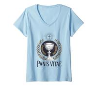 Femme Sainte Eucharistie Latine Messe Catholique T-Shirt avec Col en V