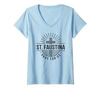 Femme Sainte Faustine Pray for Us Croix catholique T-Shirt avec Col en V