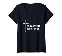 Femme Sainte Faustine Pray for Us Divine Mercy Cross T-Shirt avec Col en V