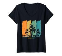 Femme Sainte Lucie Caraïbes Palmiers dans Le Vent Plage Souvenir T-Shirt avec Col en V