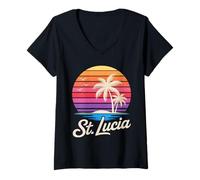 Femme Sainte-Lucie Caraïbes Vacances Rétro années 80 Tropical T-Shirt avec Col en V