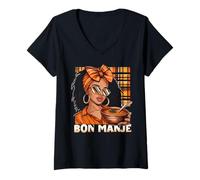 Femme Sainte-Lucie Créole Day Bon Mange Jounen Kweyol Madras Femme T-Shirt avec Col en V