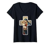 Femme Sainte Marie avec bébé Jésus Christ Santa Maria Croix Icône T-Shirt avec Col en V