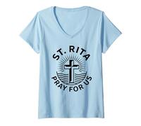 Femme Sainte Rita Pray for Us Cross Faith T-Shirt avec Col en V