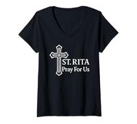 Femme Sainte Rita Priez pour Nous Dévotion chrétienne catholique T-Shirt avec Col en V