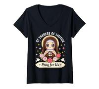Femme Sainte Thérèse de Lisieux Priez pour Nous Roses catholiques pour Enfants T-Shirt avec Col en V