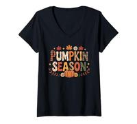Femme Saison de la Citrouille Retro Automne des Feuilles d'automne T-Shirt avec Col en V