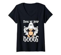Femme Saison effrayante d'halloween Amusante pour Femme Montrez-Moi Vos Seins T-Shirt avec Col en V