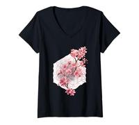 Femme Sakura Fleurs de Cerisier Sacrées Géométrie Floral T-Shirt avec Col en V