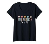 Femme Salle ED Floral Cute pour technicien du service des urgences ER Tech T-Shirt avec Col en V
