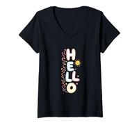 Femme Salut Cute Pastel Kawaii Happy Doodle T-Shirt avec Col en V