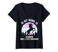 Femme Salut, Je m'appelle Emma et J'adore Unicorns Purple Sunset T-Shirt avec Col en V