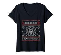 Femme Salut Père Noël Pentagramme païen Solstice Gothique satanique Noël T-Shirt avec Col en V