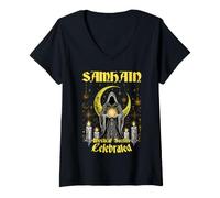 Femme Samhain Mystical Secrets Célébré Wicca Wiccan Sorcière païenne T-Shirt avec Col en V