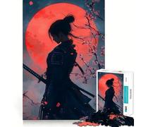 Femme samouraï avec Lune Rouge Puzzle 1000 pièces pour Adultes Jeu de réflexion Joie familiale Découpe de précision Joli Cadeau (38x26cm)