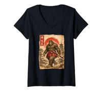 Femme Samouraï Bigfoot Japonais Vintage Sasquatch Ukiyo-e Art drôle T-Shirt avec Col en V