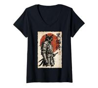 Femme Samouraï Chat Guerrier Art Japonais Kawaii Anime Chat Samouraï T-Shirt avec Col en V