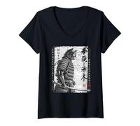 Femme Samouraï Chat Guerrier Ink Japanese Calligraphy Cat Art T-Shirt avec Col en V