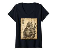 Femme Samouraï Chat Guerrier Japonais Vintage Bois Japonais T-Shirt avec Col en V